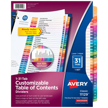 Avery 1-31 Tab Dividers for 3 Ring Binders, Customizable Table of Contents, Multicolor Tabs, 1 Set (11129) Divider